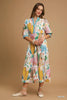 Abstract Floral Midi Dress with Puff Sleeves