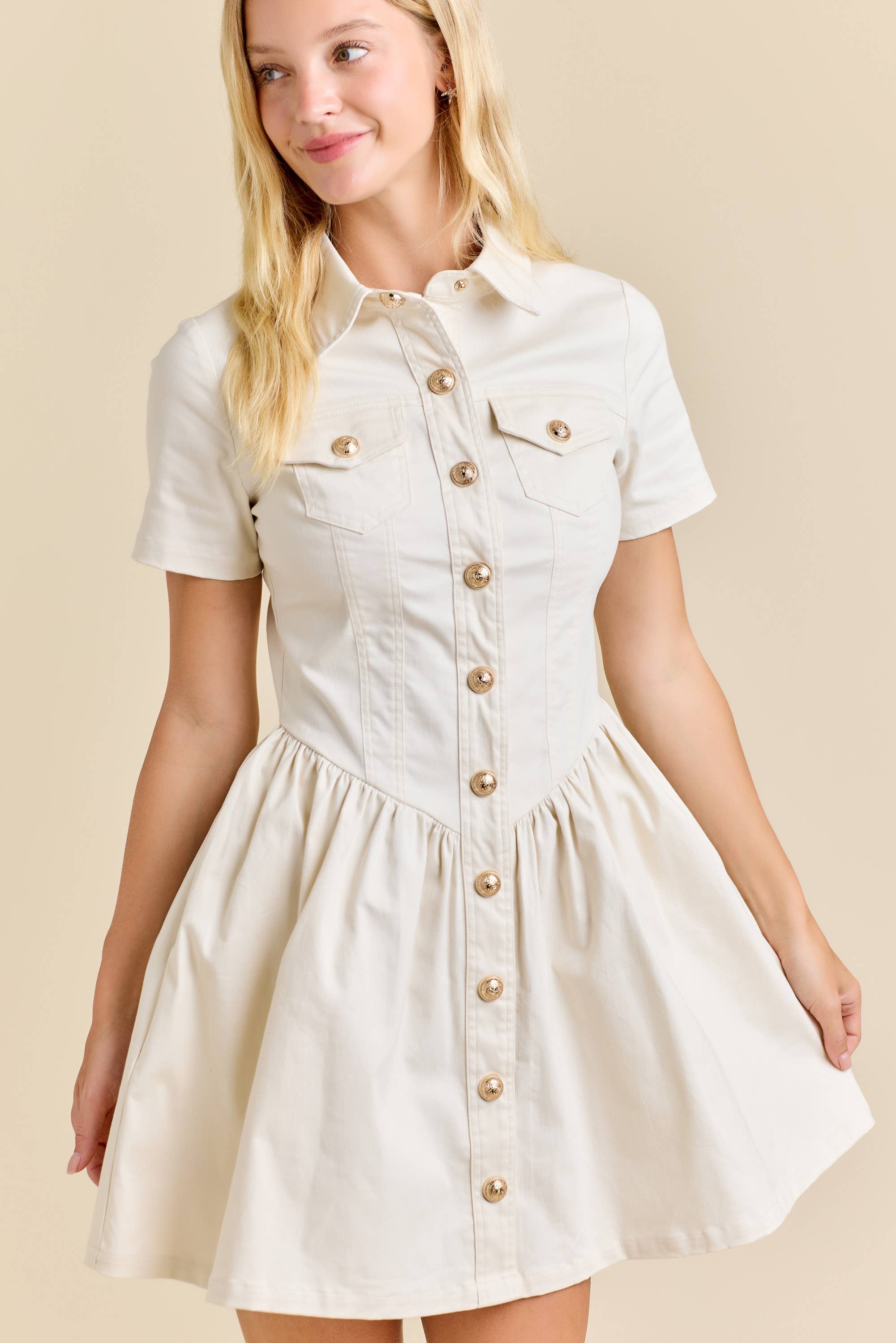 Button-Up Mini Denim Dress Featuring Gold Accent Buttons - Little Jill & Co.