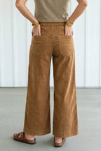 Wooden Button Elastic Waist Wide Leg Pants