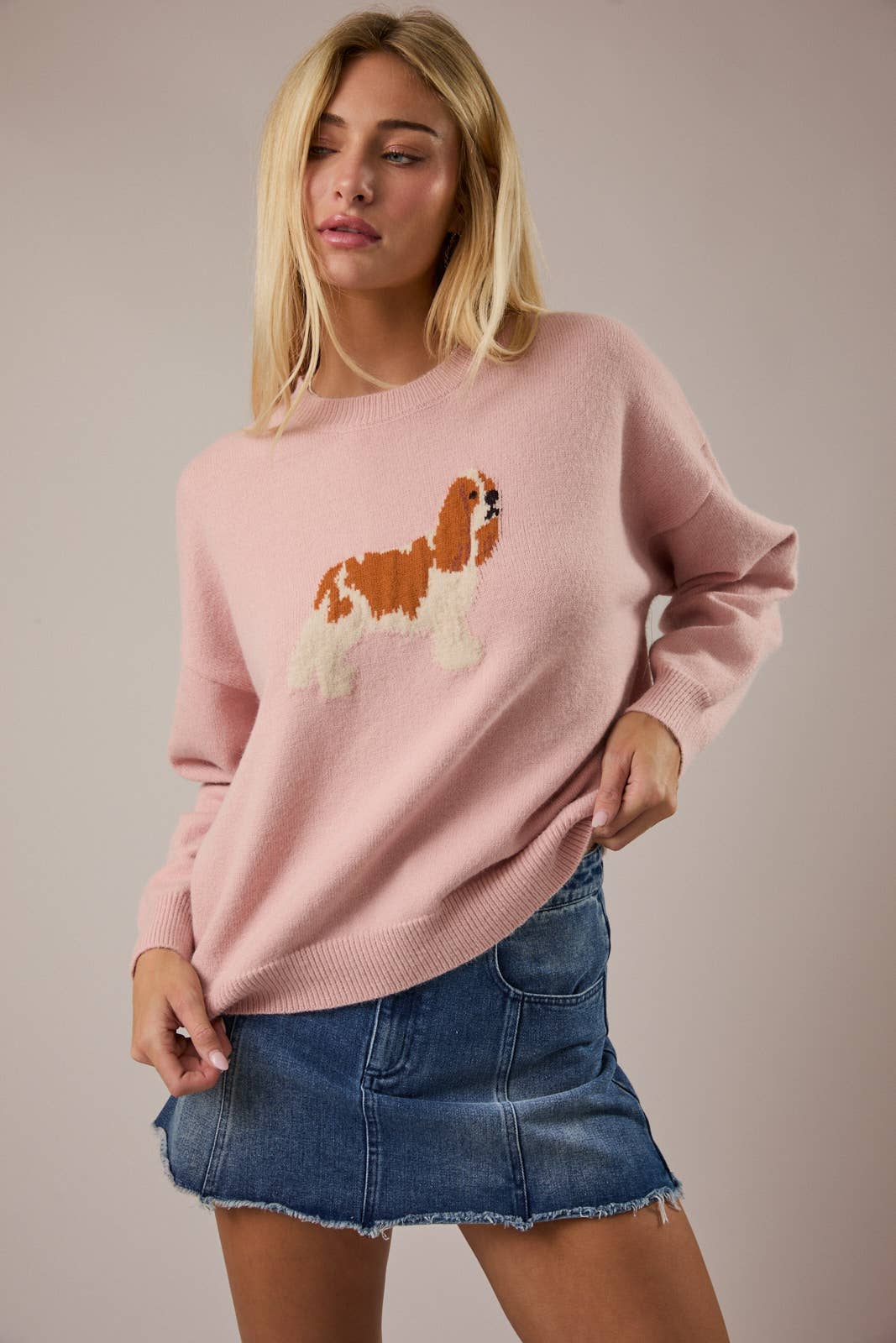 CREW NECK KING CHARLES SPANIEL DOG GRAPHIC SWEATER - Little Jill & Co.