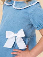 Girls Light Wash Stretch Denim Peter Pan Ruffle Bow Short Sleeve Dress