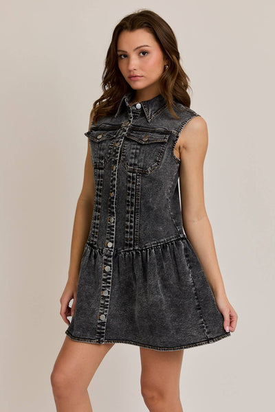 SLEEVELESS MINI DRESS IN DENIM FABRIC