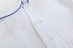 White Collared Top and Blue Button Shorts
