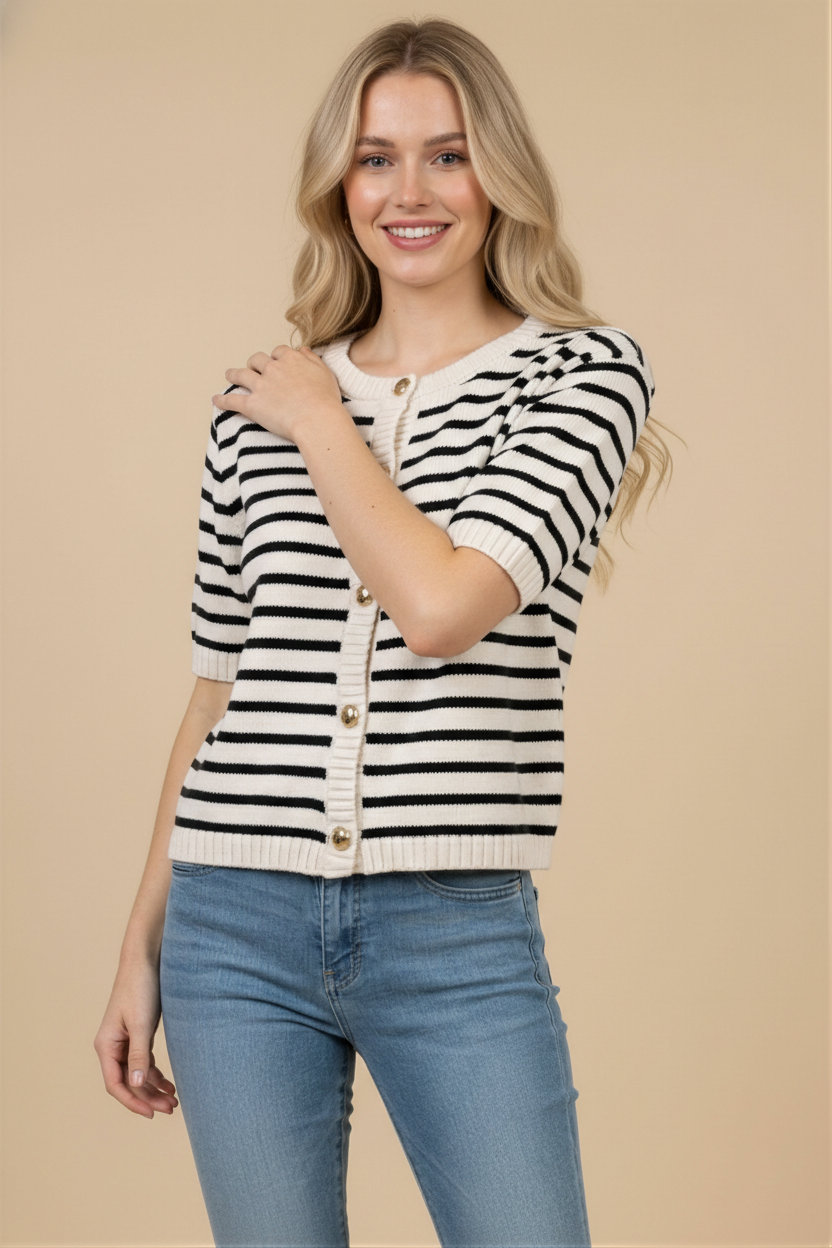 STRIPE BUTTON FRONT KNIT TOP