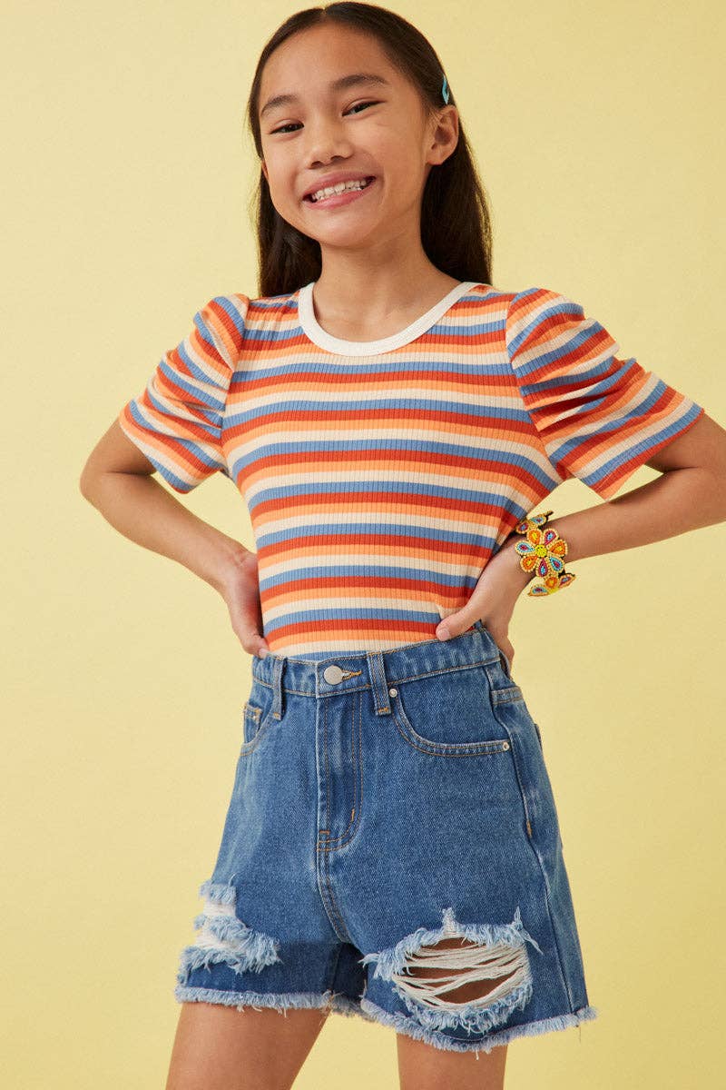 Girls Multi Color Stripe Ribbed Knit Puff Shoulder Top - Little Jill & Co.