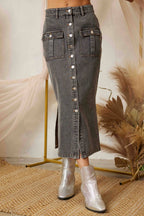 SS3503 SIDE SLIT PENCIL DENIM LONG SKIRT