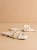 The Ena | White H Cutout Raffia Slide - Little Jill & Co.