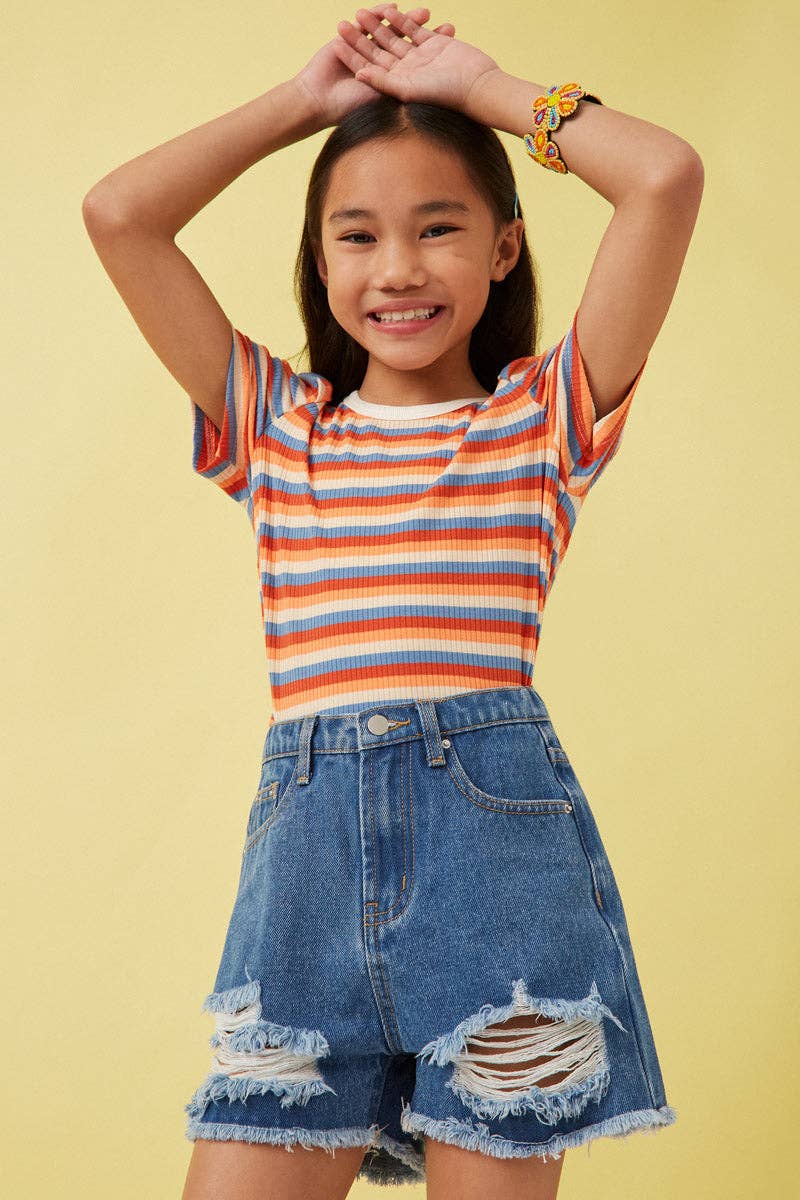 Girls Multi Color Stripe Ribbed Knit Puff Shoulder Top - Little Jill & Co.