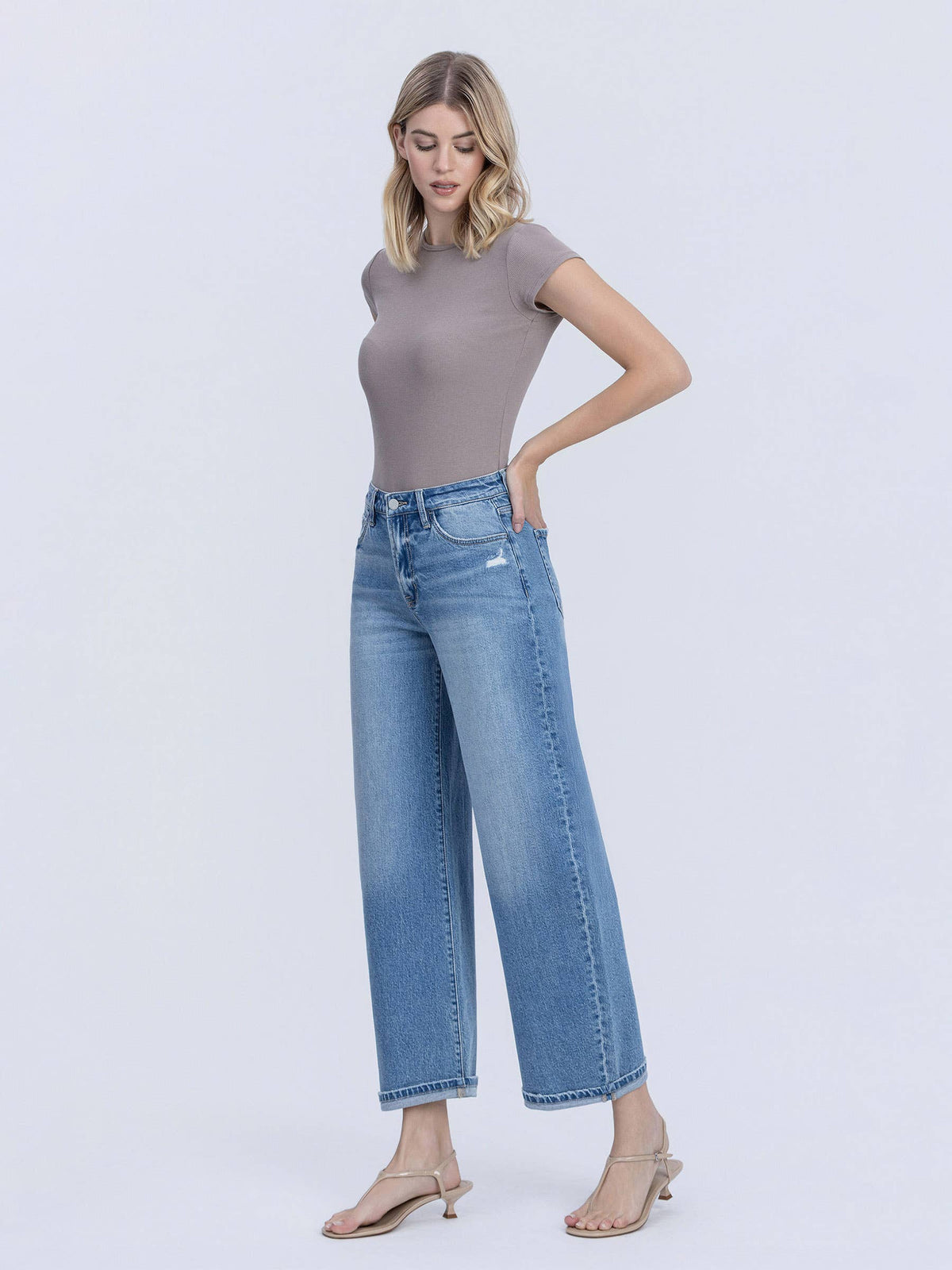 High Rise Medium Wash Cuffed Barrel Jeans