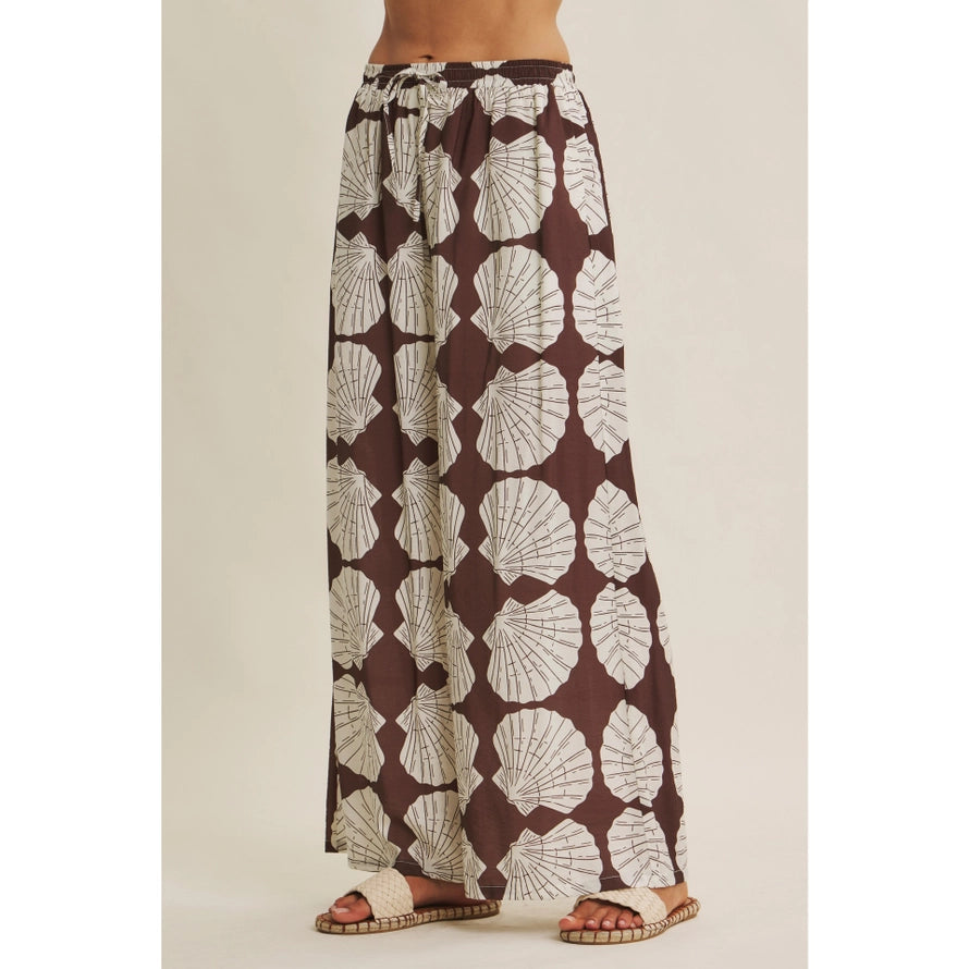 Coastal Breeze Earthy Aesthetic Seashell Print Wide-Leg Pant