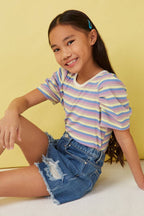 Girls Multi Color Stripe Ribbed Knit Puff Shoulder Top - Little Jill & Co.