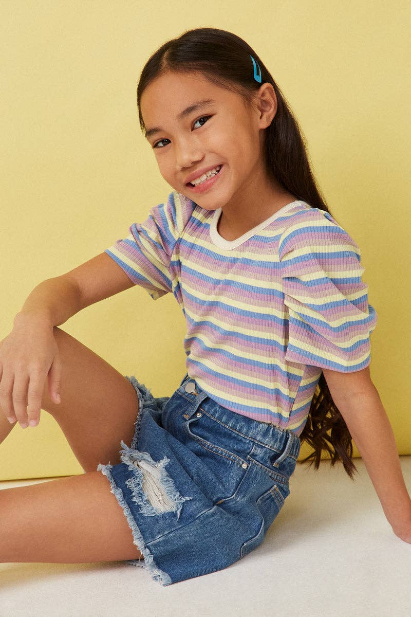 Girls Multi Color Stripe Ribbed Knit Puff Shoulder Top - Little Jill & Co.