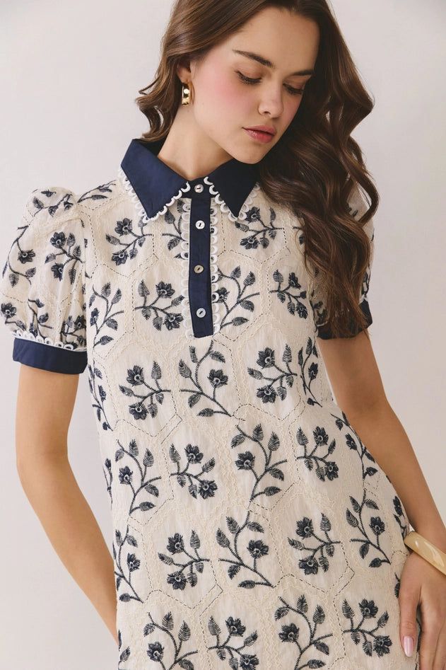 Geometric Print Floral Puff Sleeve Mini Dress