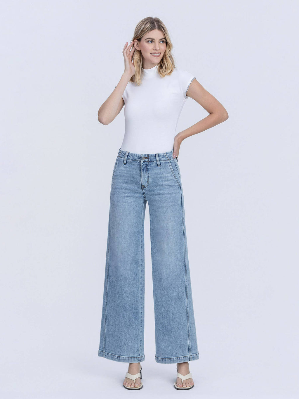 HIGH RISE TROUSER HEM TWIST WIDE LEG JEANS F9073