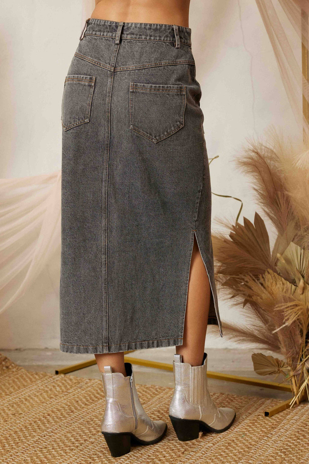 SS3503 SIDE SLIT PENCIL DENIM LONG SKIRT