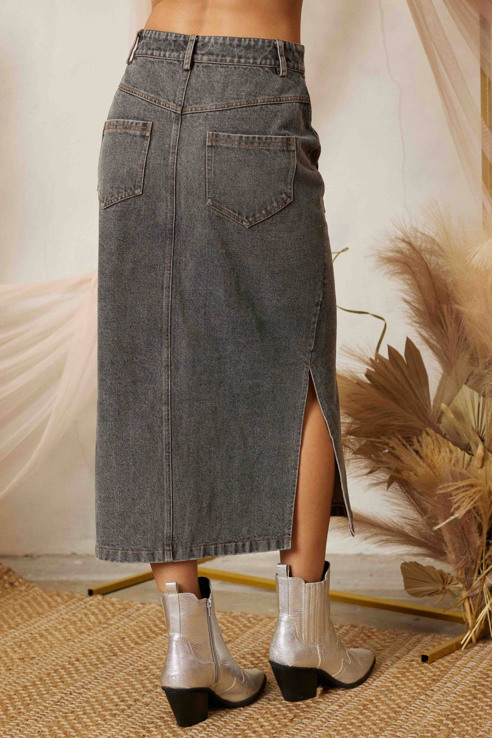 SS3503 SIDE SLIT PENCIL DENIM LONG SKIRT
