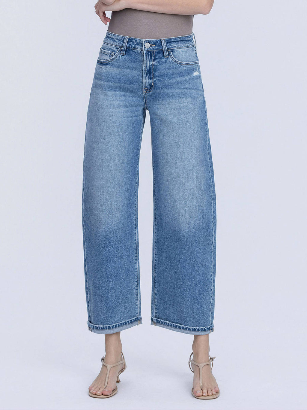 High Rise Medium Wash Cuffed Barrel Jeans