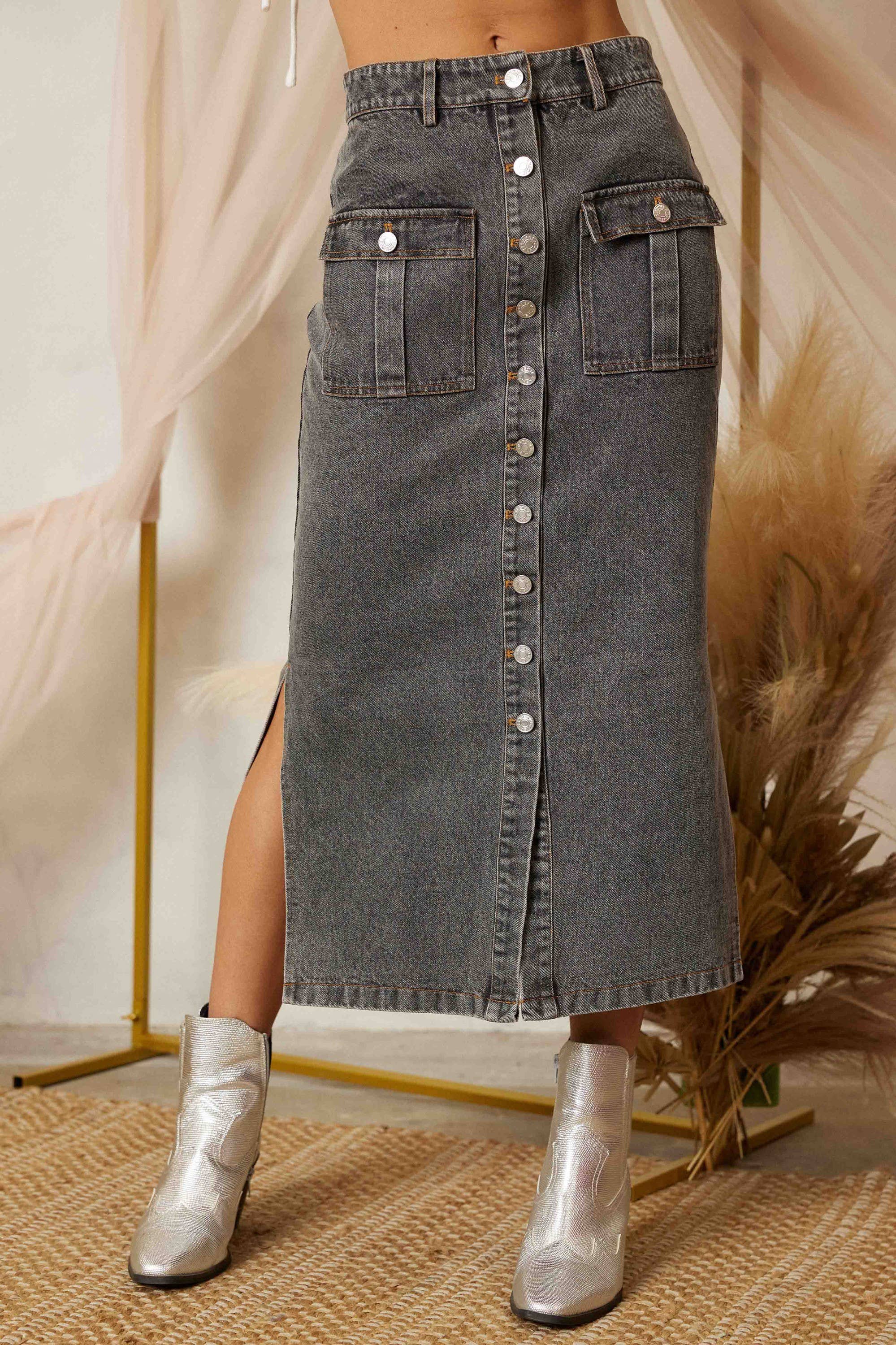 SS3503 SIDE SLIT PENCIL DENIM LONG SKIRT