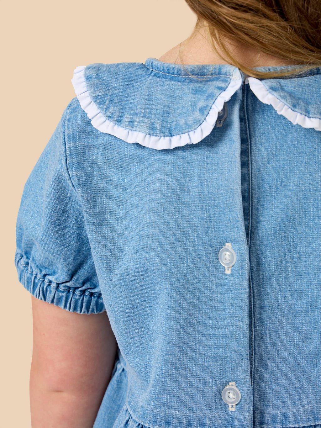 Girls Light Wash Stretch Denim Peter Pan Ruffle Bow Short Sleeve Dress