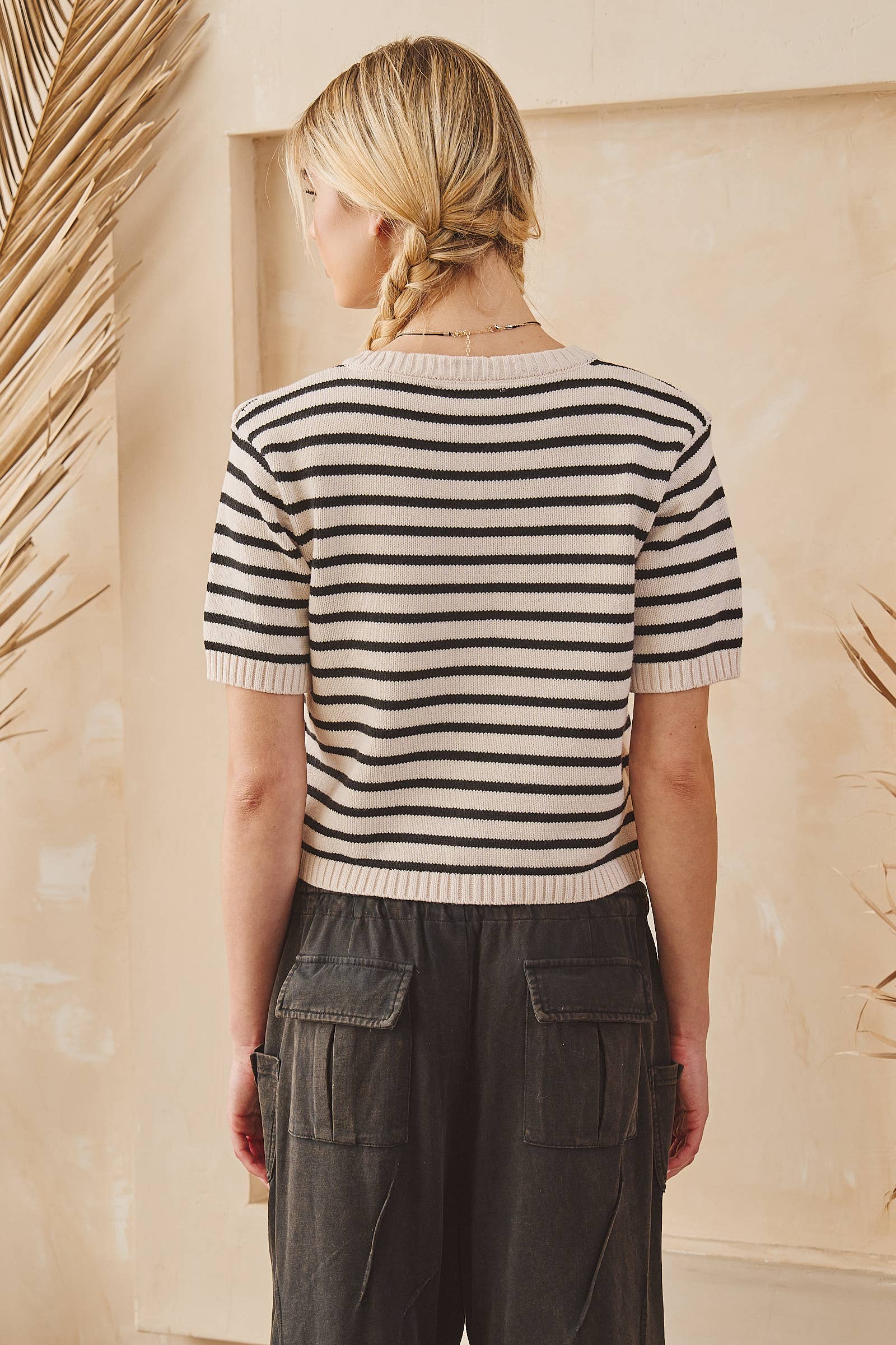 STRIPE BUTTON FRONT KNIT TOP