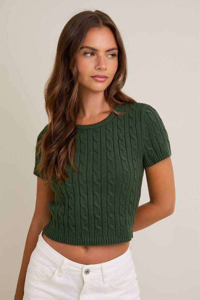 SHORT SLEEVE CABLE SWEATER TOP