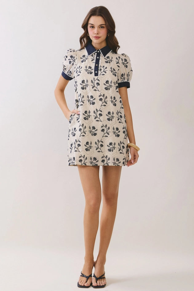 Geometric Print Floral Puff Sleeve Mini Dress