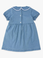 Girls Light Wash Stretch Denim Peter Pan Ruffle Bow Short Sleeve Dress