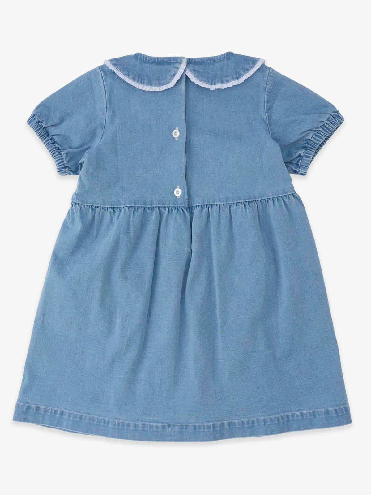 Girls Light Wash Stretch Denim Peter Pan Ruffle Bow Short Sleeve Dress