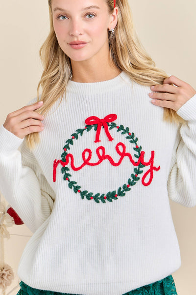 Merry Embroidered Christmas Wreath Sweater Knit Top