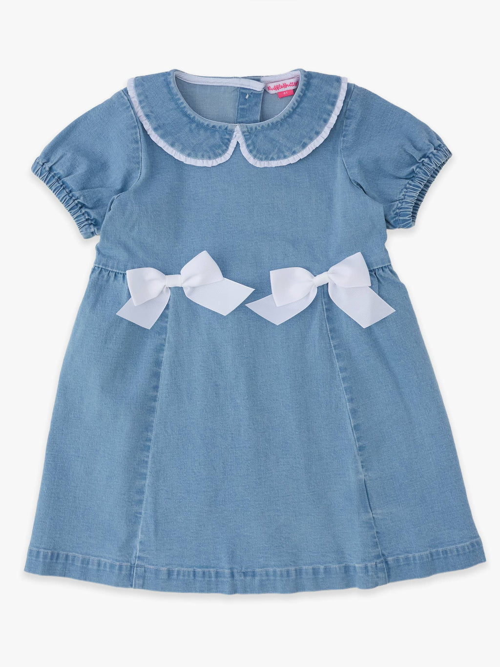 Girls Light Wash Stretch Denim Peter Pan Ruffle Bow Short Sleeve Dress