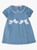 Girls Light Wash Stretch Denim Peter Pan Ruffle Bow Short Sleeve Dress