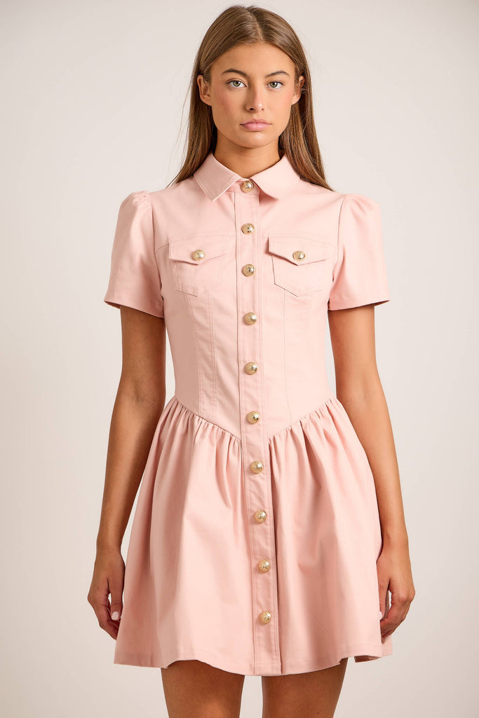 Button-Up Mini Denim Dress Featuring Gold Accent Buttons