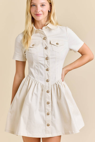 Button-Up Mini Denim Dress Featuring Gold Accent Buttons