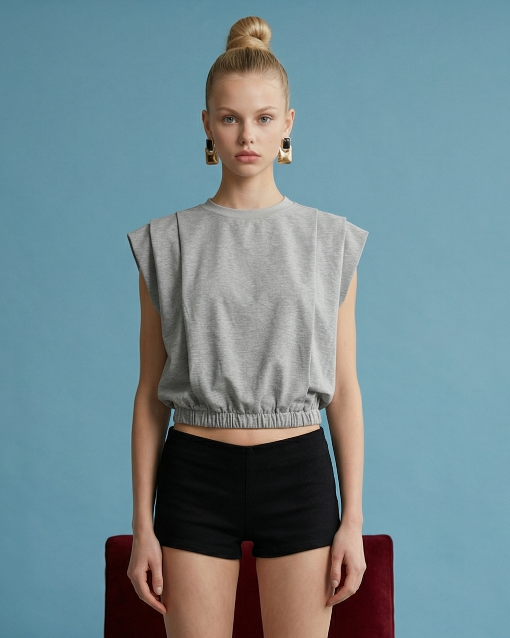 Grey Padded Shoulder Crop Top