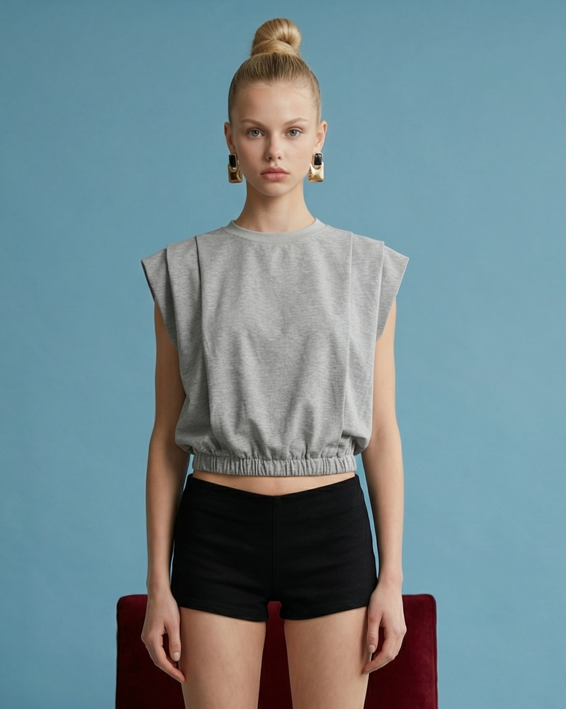 Grey Padded Shoulder Crop Top