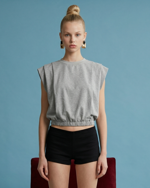 Grey Padded Shoulder Crop Top