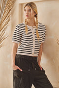 STRIPE BUTTON FRONT KNIT TOP