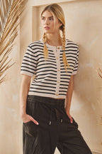 STRIPE BUTTON FRONT KNIT TOP