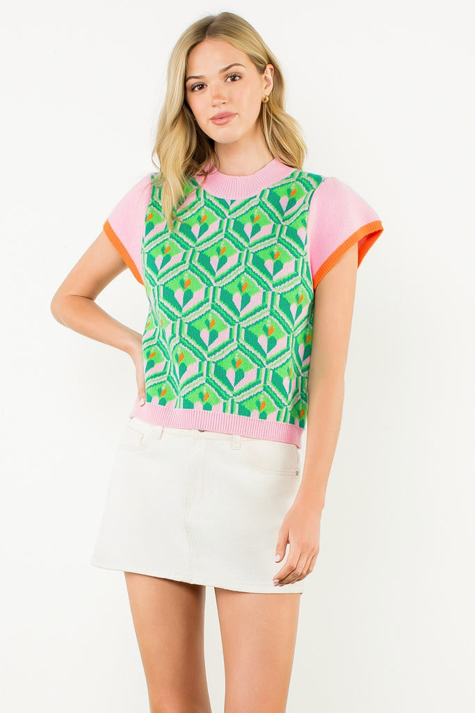 Pattern Knit Cap Sleeve Top