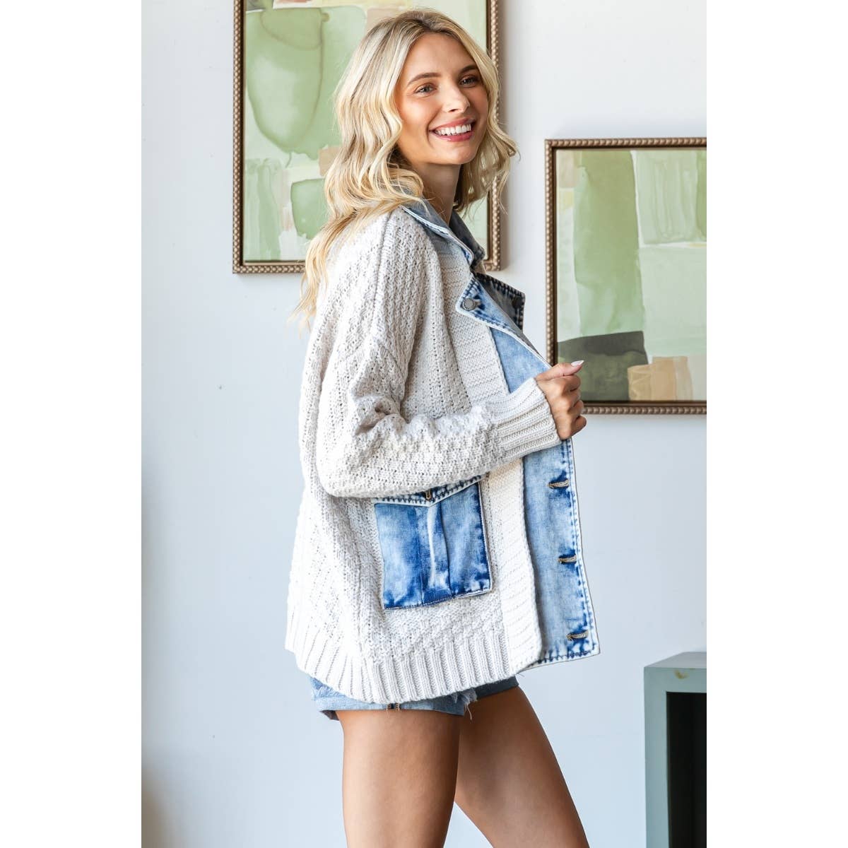 Knit Body Denim Layered Jacket