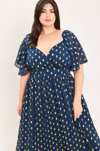 A solid woven with foil print midi dress