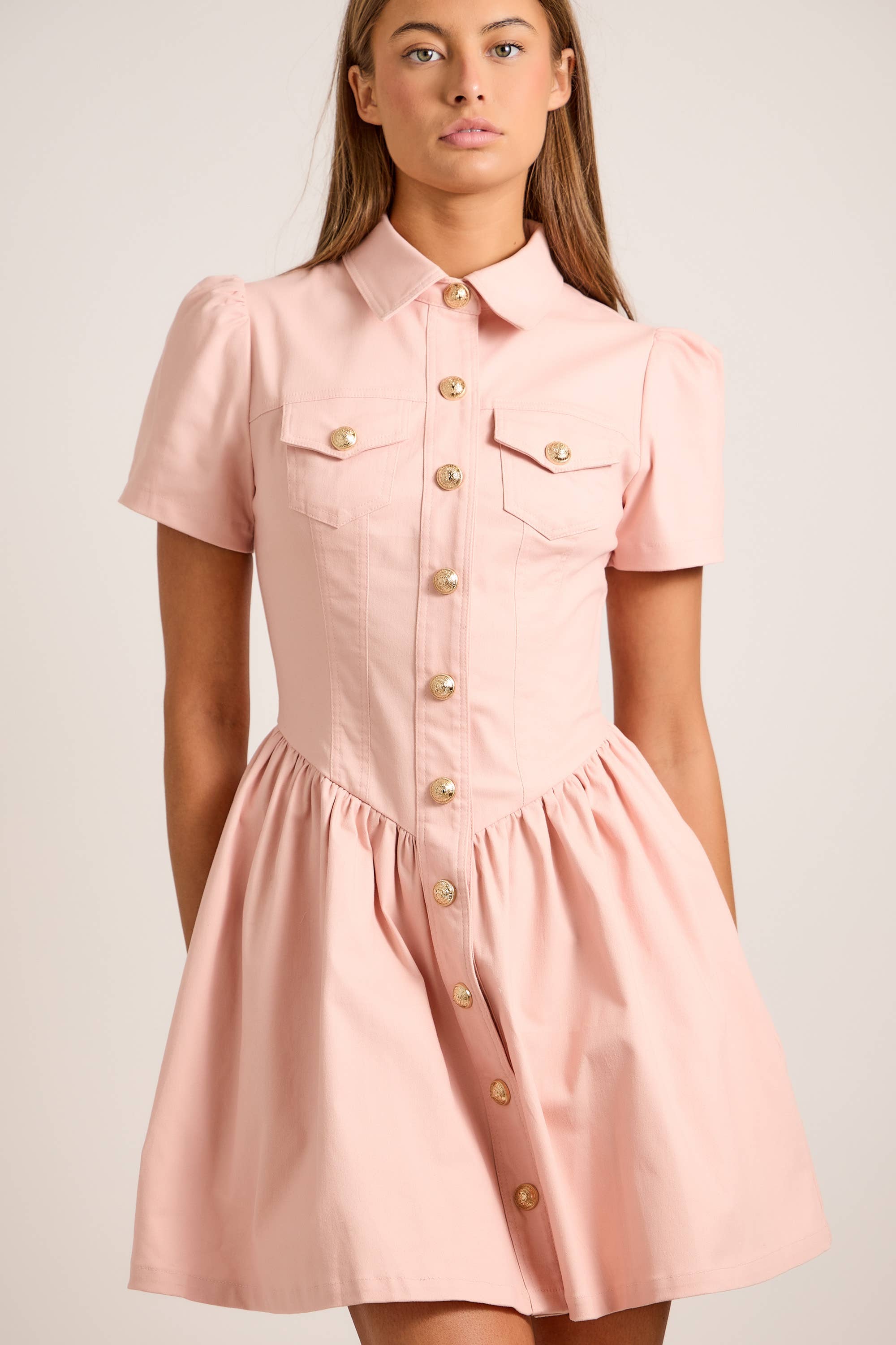 Button-Up Mini Denim Dress Featuring Gold Accent Buttons - Little Jill & Co.