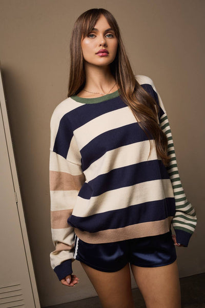 ROUND NECK LONG SLEEVE STRIPE SWEATER TOP