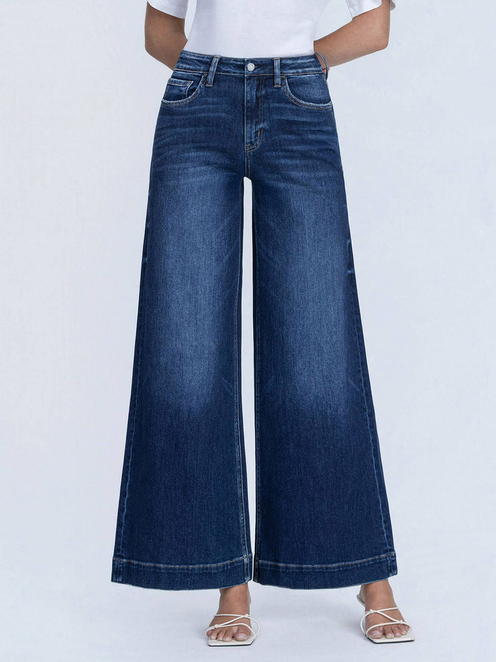 HIGH RISE DARK WASH FUSED WAISTBAND PALAZZO JEANS T7031
