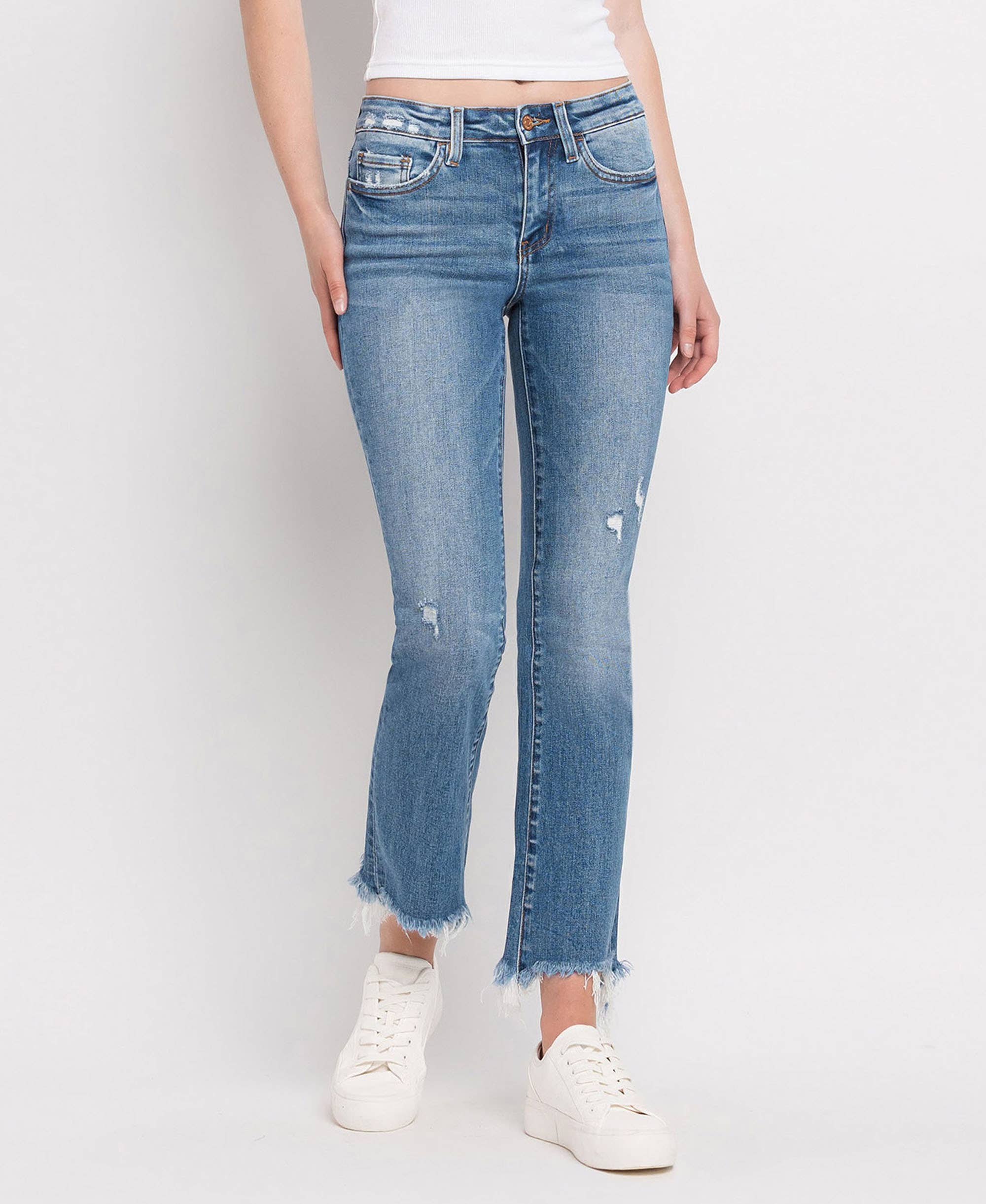 MID RISE DISTRESSED HEM ANKLE BOOTCUT JEANS F5011