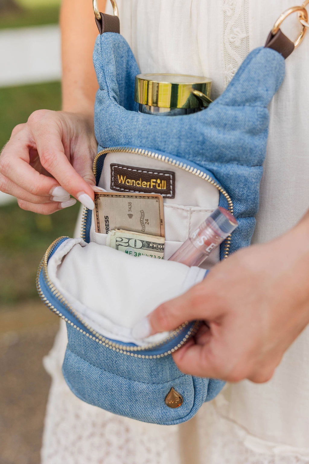 Light Denim HydroBag® with Gold Hardware and Denim overlaid Vegan Leather Strap - Little Jill & Co.