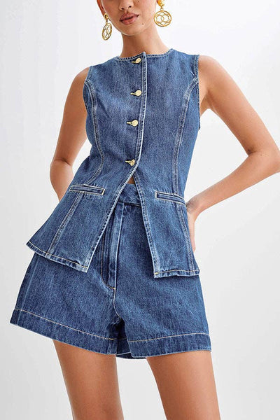 Ladies Denim Sleeveless Tank Top and Shorts Sets 16881