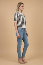 STRIPE BUTTON FRONT KNIT TOP