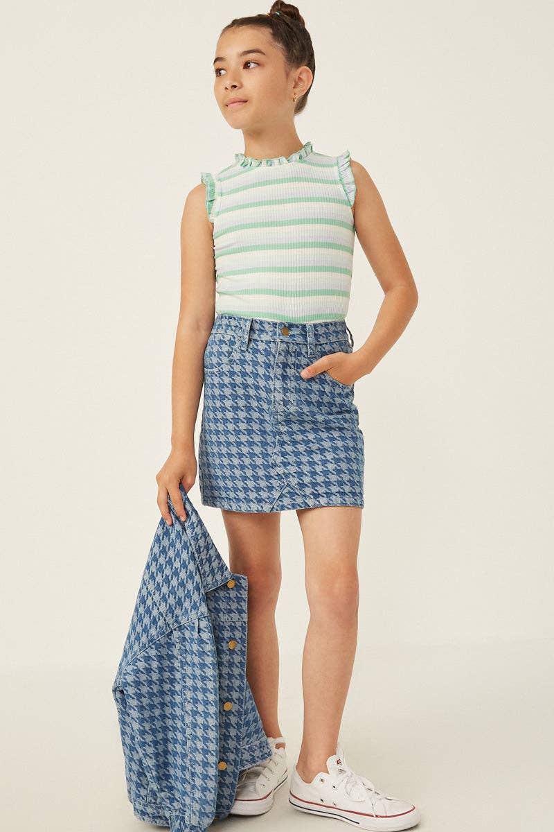 Girls Houndstooth Print Denim Skirt