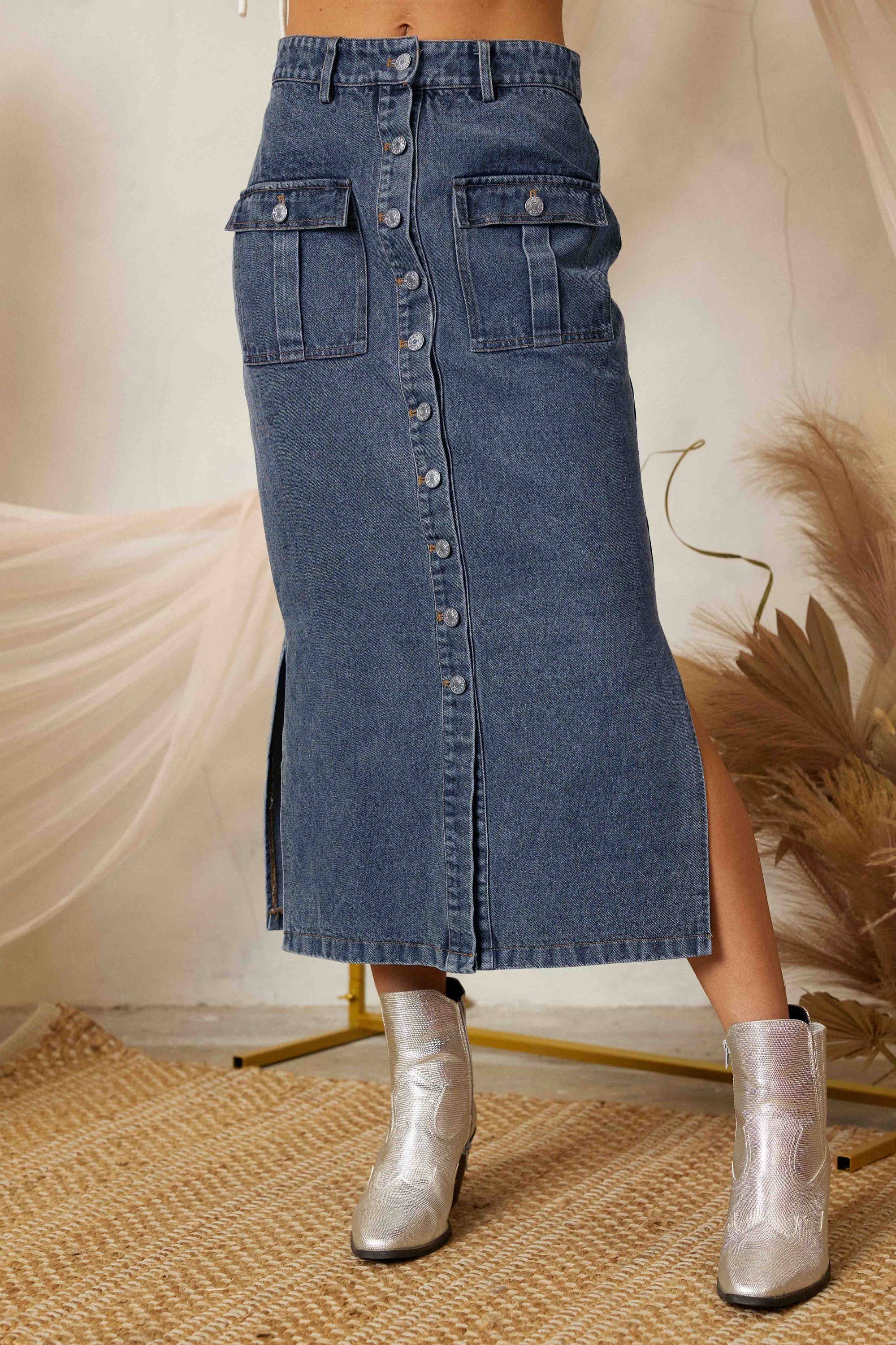 SS3503 SIDE SLIT PENCIL DENIM LONG SKIRT